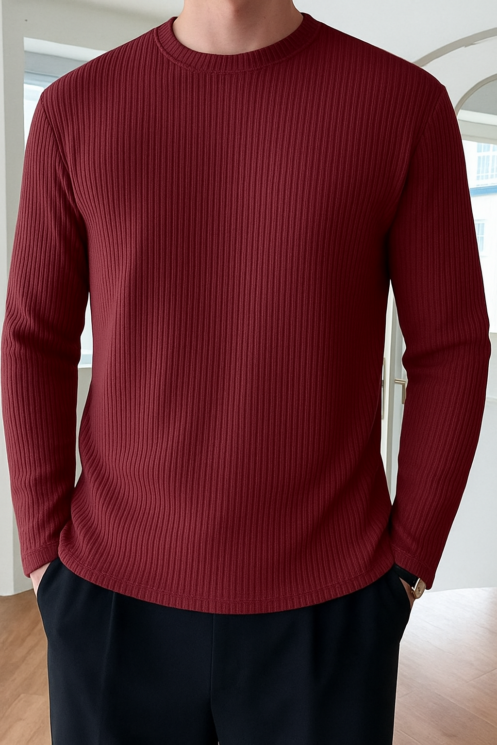 Full Sleeve Rib T-Shirt- Maroon