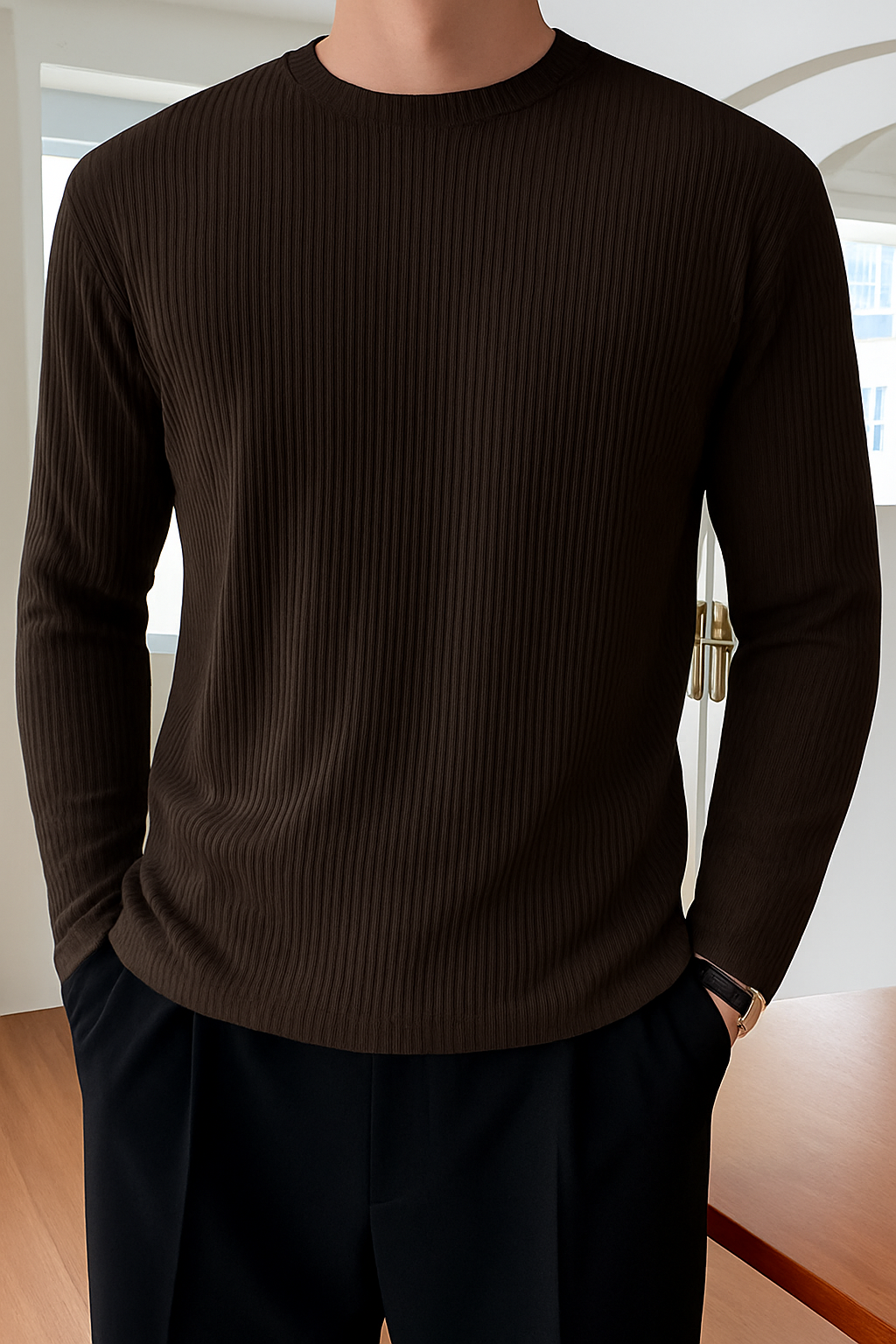 Full Sleeve Rib T-Shirt- Coffee