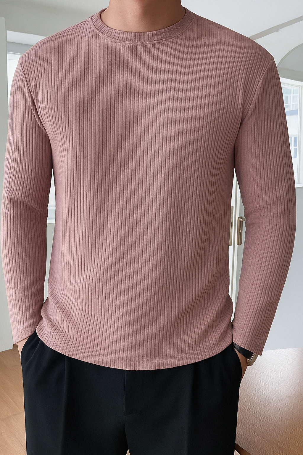 Full Sleeve Rib T-Shirt- Magenta