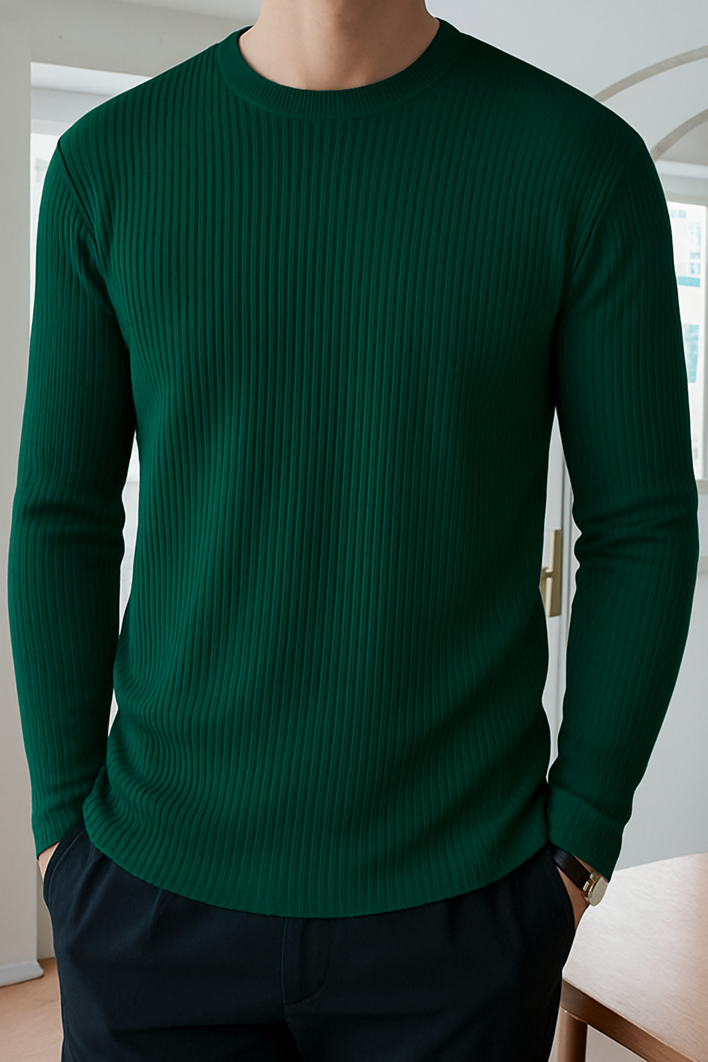 Full Sleeve Rib T-Shirt- Bottle Green