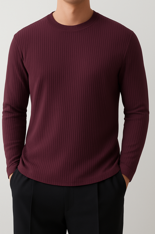 Full Sleeve Rib T-Shirt- Maroon