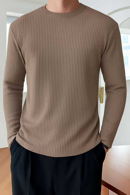 Full Sleeve Rib T-Shirt- Brown