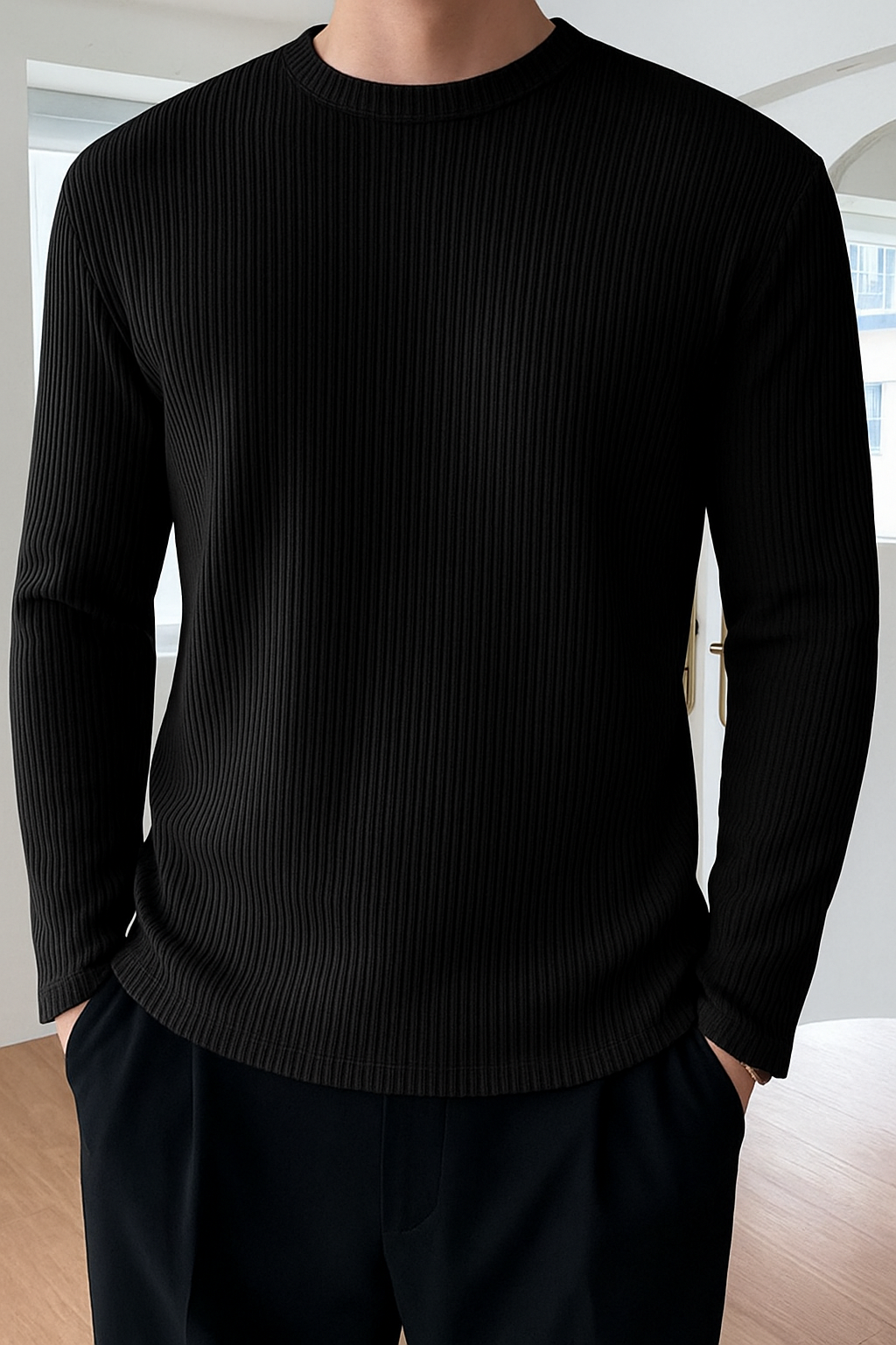 Full Sleeve Rib T-Shirt- Black