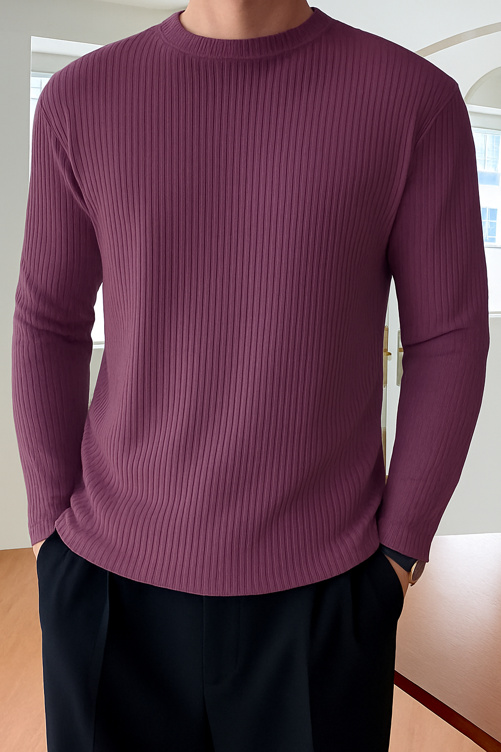 Full Sleeve Rib T-Shirt- Magenta
