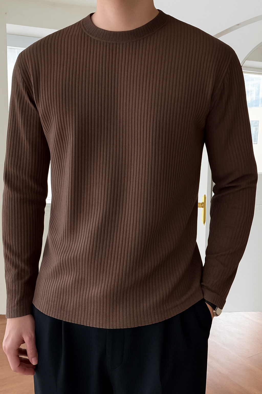 Full Sleeve Rib T-Shirt- Brown