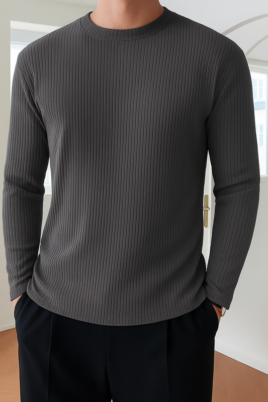 Full Sleeve Rib T-Shirt- Gray
